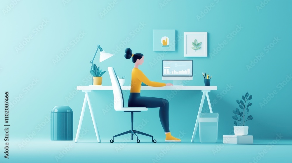 A woman is sitting at a desk with a computer monitor and a keyboard A woman is sitting at a desk with a computer monitor and a keyboard