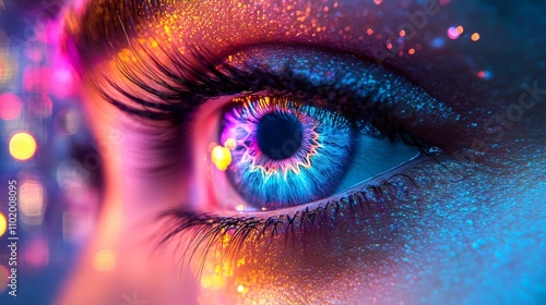 Eye with Neon Reflections, City Lights and Curiosity