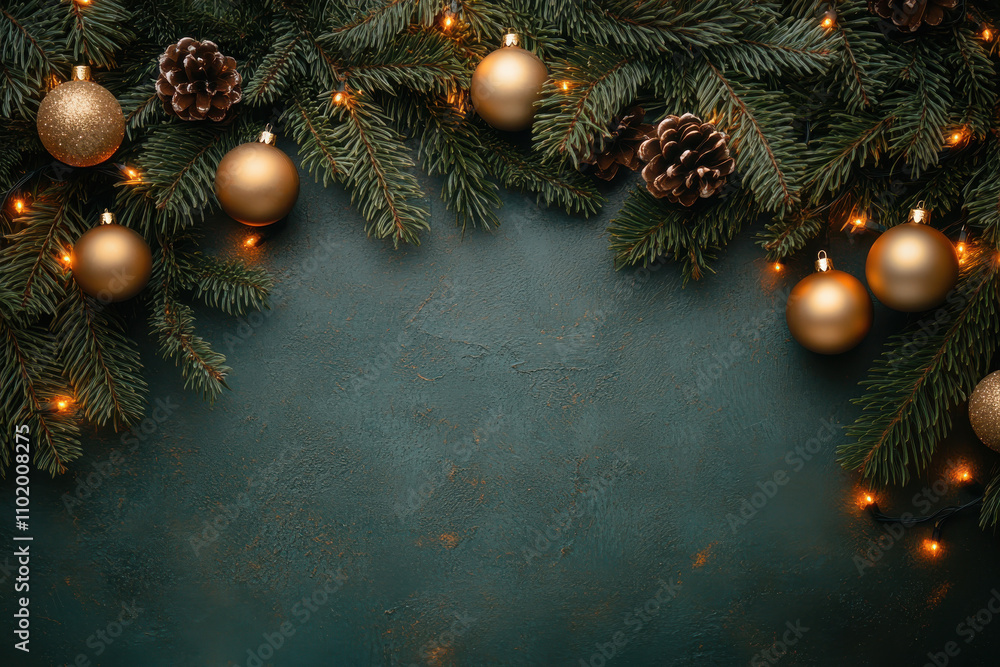 Flat lay with pine tree branches and Christmas balls on dark background. Composition with Christmas decoration and copy space. Merry Christmas and Happy New Year concept. Generated AI Flat lay with pine tree branches and Christmas balls on dark background. Composition with Christmas decoration and copy space. Merry Christmas and Happy New Year concept. Generated AI