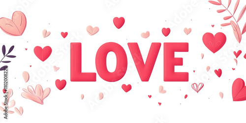 A Valentine’s Day-themed banner with the word "LOVE" in bold letters. The letters are pink and red with small heart-shaped icons around them. 