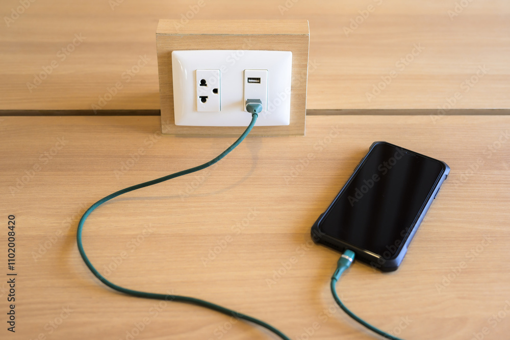 A smartphone while charging in the coffee shop, by connecting directily to the USB electrical socket built-in table A smartphone while charging in the coffee shop, by connecting directily to the USB electrical socket built-in table