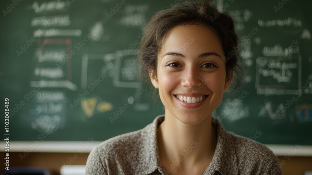 Portrait of a smiling woman in front of a chalkboard brimming with equations and geometric figures, blending confidence and curiosity. Portrait of a smiling woman in front of a chalkboard brimming with equations and geometric figures, blending confidence and curiosity.