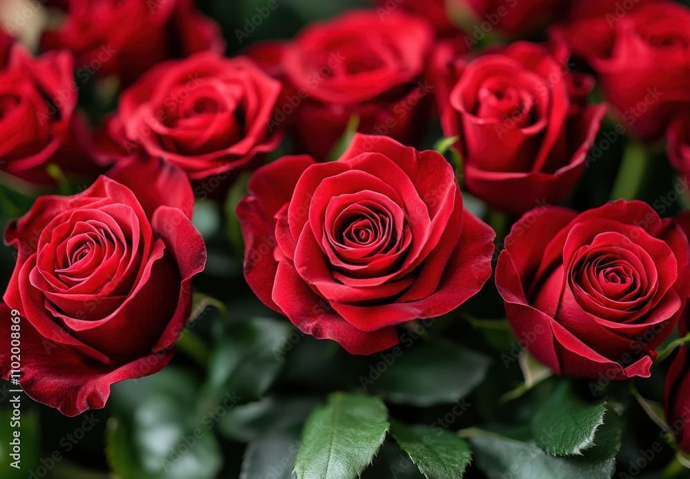 Beautiful bouquet of vibrant red roses with lush green leaves, perfect for conveying love, romance, and celebration in any floral arrangement or decor. Beautiful bouquet of vibrant red roses with lush green leaves, perfect for conveying love, romance, and celebration in any floral arrangement or decor.