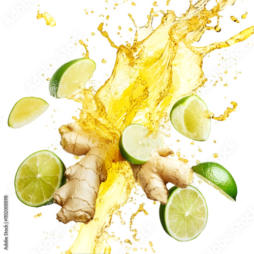 Falling lemon on water splash isolated on transparent and white background. PNG cutout. falling lemon, lemon splash, water splash, citrus fruit, transparent background, white background, fresh lemon,