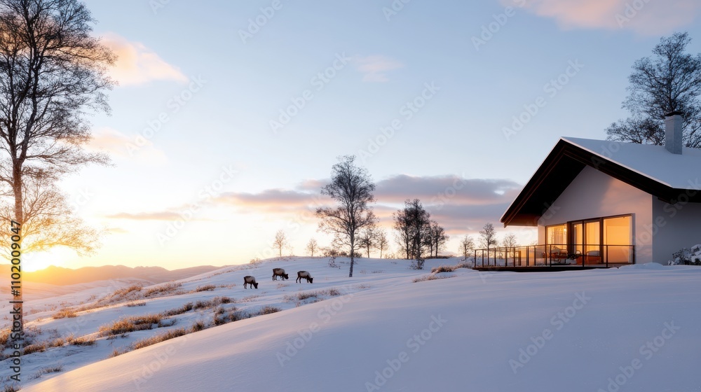 A serene sunrise illuminates a snowy hillside where reindeer roam, with a cozy modern cabin offering a peaceful retreat amidst the untouched natural beauty. A serene sunrise illuminates a snowy hillside where reindeer roam, with a cozy modern cabin offering a peaceful retreat amidst the untouched natural beauty.