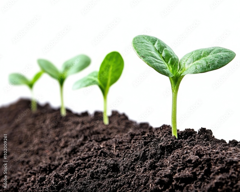 Fresh Green Seedlings Growing in Dark Rich Soil on White Background Fresh Green Seedlings Growing in Dark Rich Soil on White Background