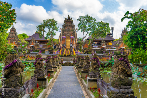 Lotus pond and Pura Saraswati temple in Ubud, Bali, Indonesia.