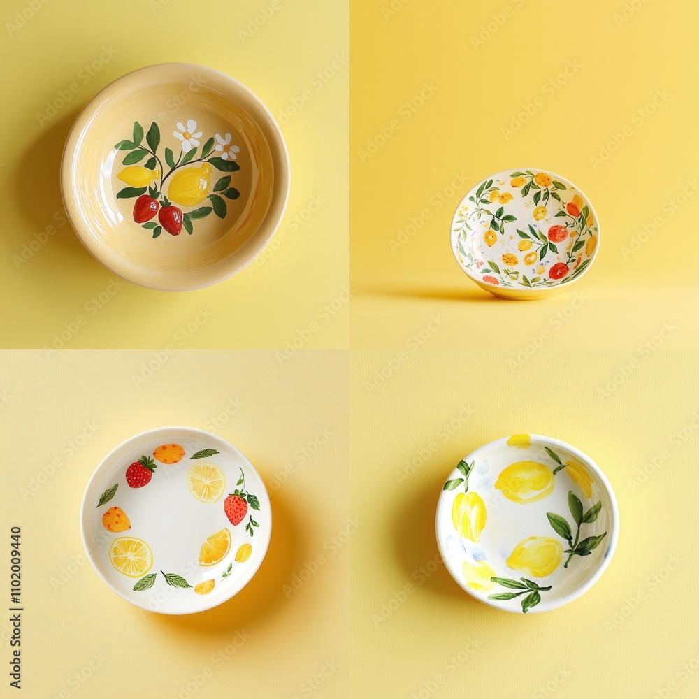 Colorful fruit bowls display modern kitchen still life bright atmosphere top view culinary art Colorful fruit bowls display modern kitchen still life bright atmosphere top view culinary art