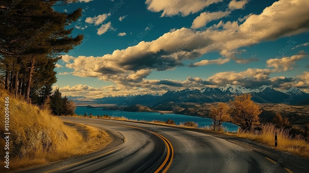 Scenic winding road beside a lake and mountains under a dramatic sky. Scenic winding road beside a lake and mountains under a dramatic sky.