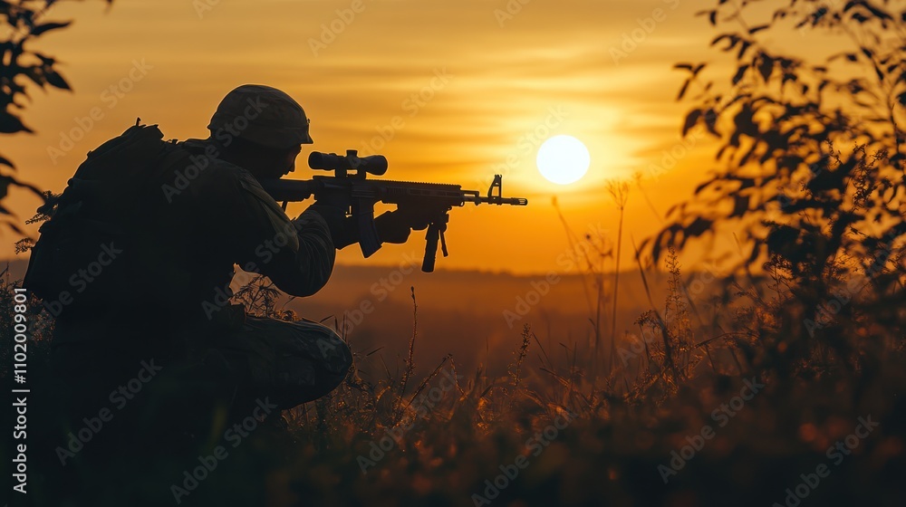 Soldier aiming a rifle at sunset, highlighting vigilance and duty. Soldier aiming a rifle at sunset, highlighting vigilance and duty.