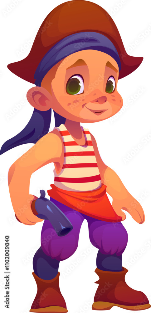 Cartoon funny kid boy pirate corsair character with pistol. Vector playful young child dressed as a sea captain, complete with cocked hat and colorful party costume, cheerfully holding toy gun Cartoon funny kid boy pirate corsair character with pistol. Vector playful young child dressed as a sea captain, complete with cocked hat and colorful party costume, cheerfully holding toy gun