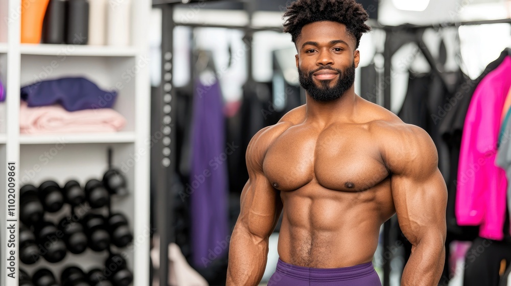 Bodybuilder showcase gym fitness event indoor front view strength and health concept for motivation and training Bodybuilder showcase gym fitness event indoor front view strength and health concept for motivation and training