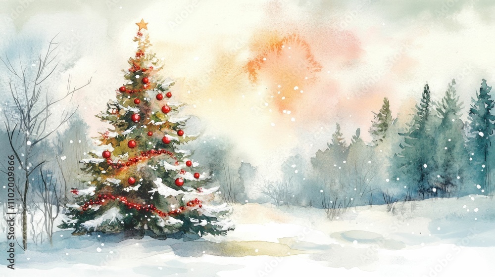 Christmas tree in a snowy landscape, adorned with red ornaments, captures the festive spirit and winter serenity Soft colors and snowflakes create a magical atmosphere Christmas tree in a snowy landscape, adorned with red ornaments, captures the festive spirit and winter serenity Soft colors and snowflakes create a magical atmosphere