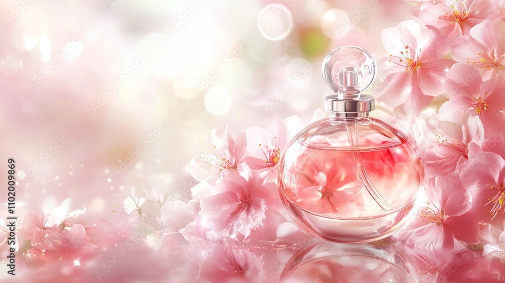Pink Perfume Bottle Amidst Delicate Spring Blossoms Pink Perfume Bottle Amidst Delicate Spring Blossoms