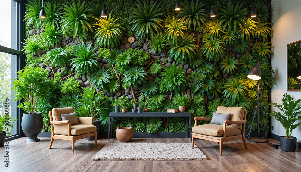Modern living room with vertical garden and cozy seating
