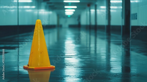 Travel photography empty airport terminal with wet glossy floors photo