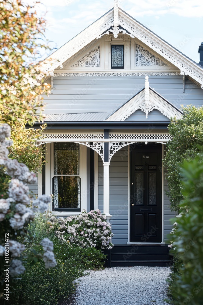 Obraz premium Charming Victorian Style House Surrounded by Lush Greenery Featuring Ornate Trim, Inviting Doorway, and Picturesque Flower Beds in a Serene Neighborhood Setting