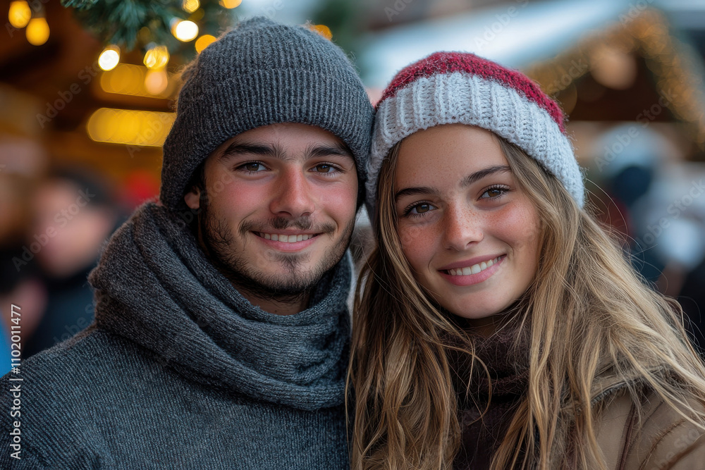 Portrait of young couple on Christmas fair. Smiling man and woman on blurred background. Merry Christmas and Happy New Year. Generated AI Portrait of young couple on Christmas fair. Smiling man and woman on blurred background. Merry Christmas and Happy New Year. Generated AI