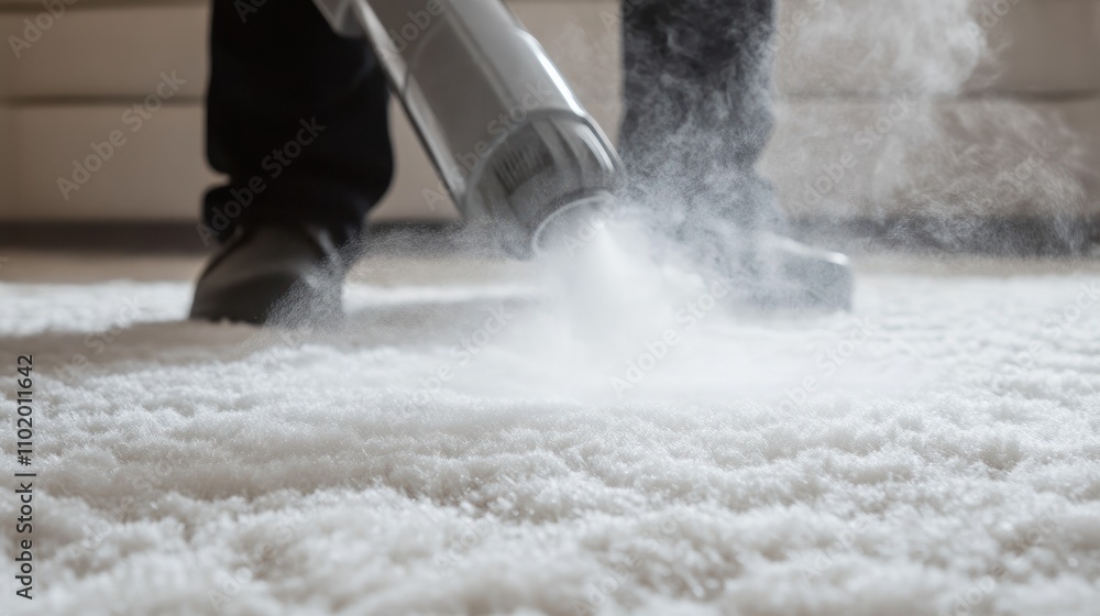 Obraz premium Person vacuuming a carpet with steam for deep cleaning.