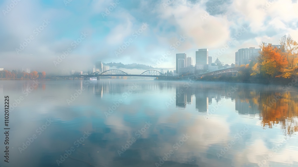 Naklejka premium Foggy Autumn Morning Cityscape Bridge Reflection