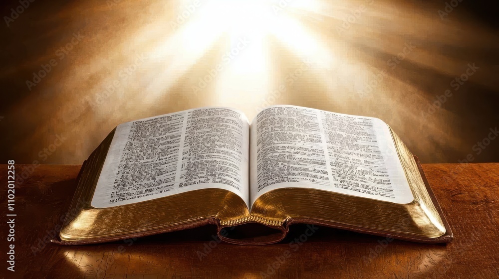 Obraz premium Close-up of open Bible on wooden table, sunlight illuminating sacred text, serene contemplative scene with ample copy space for text or design.