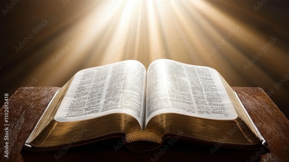 Fototapeta premium Close-up of open Bible on wooden table, sunlight illuminating sacred text, serene contemplative scene with ample copy space for text or design.