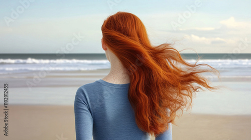 Close-up Frau von hinten mit wehendem roten Haar am Strand mit dem Meer im Hintergrund
