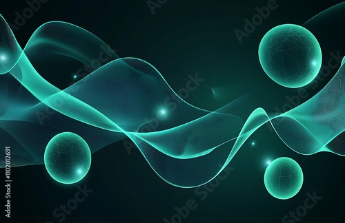 Abstract representation of technology with flowing lines and luminous spheres against a deep blue background