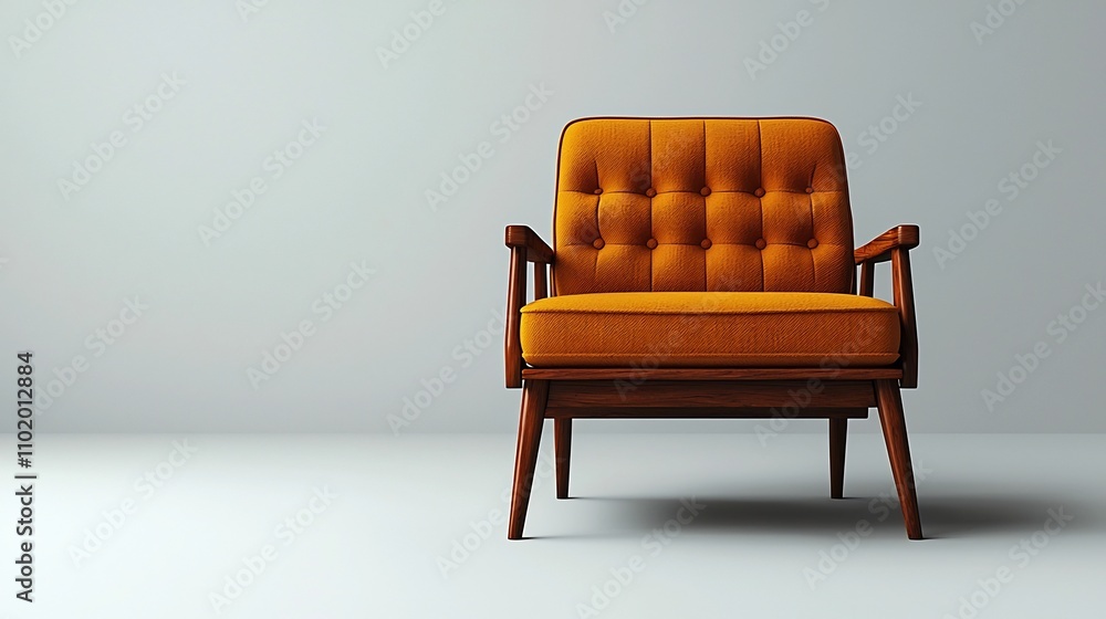 Retro style Orange Fabric Armchair with Wooden Armrests on White Background Retro style Orange Fabric Armchair with Wooden Armrests on White Background