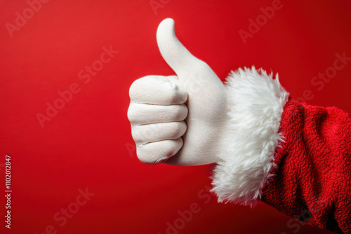 Santa showing thumb up on red background, closeup view of hand. Thump up gesture on red background. Generated AI