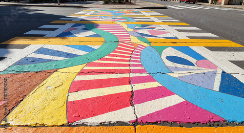 Colorful painted crosswalk with artistic patterns, vibrant colors, urban street, creative design, copy space
