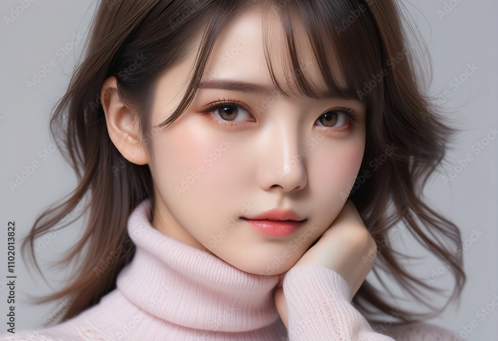 Beauty portrait of a beautiful young woman in a turtleneck sweater. Beautiful bare face, winter image. タートルネックのセーターを着た美しい若い女性の美容ポートレート。美しい素顔、冬のイメージ。 Beauty portrait of a beautiful young woman in a turtleneck sweater. Beautiful bare face, winter image. タートルネックのセーターを着た美しい若い女性の美容ポートレート。美しい素顔、冬のイメージ。