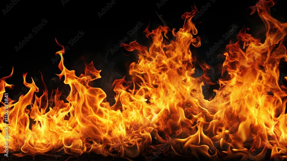 Flames of fire raging against a dark black background, flames, fire, heat, burning, energy, hot, bright, fierce Flames of fire raging against a dark black background, flames, fire, heat, burning, energy, hot, bright, fierce