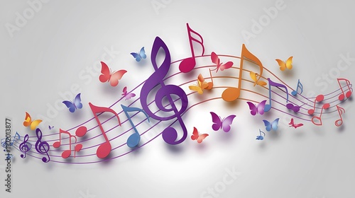 A colorful vector style illustration of music notes with butterflies.
