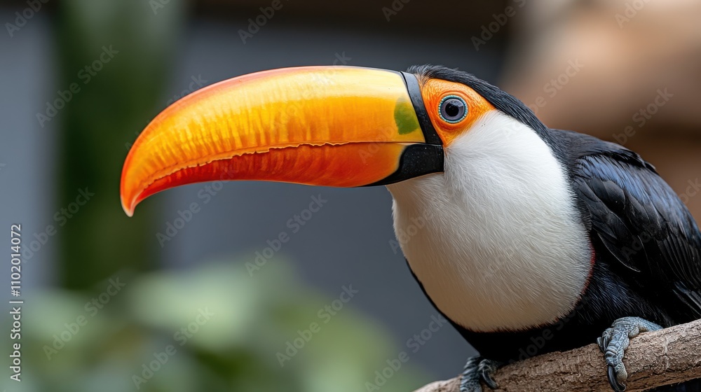 A striking close-up portrait reveals the toucan's iconic orange beak and vivid blue eye, delivering an impressive view of its distinct features and vibrant personality. A striking close-up portrait reveals the toucan's iconic orange beak and vivid blue eye, delivering an impressive view of its distinct features and vibrant personality.