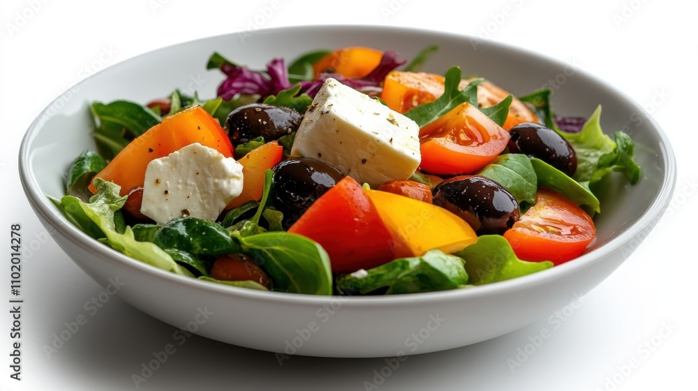 A vibrant Greek salad with fresh greens, olives, tomatoes, and feta cheese, beautifully presented in a white bowl, evoking freshness and simplicity. A vibrant Greek salad with fresh greens, olives, tomatoes, and feta cheese, beautifully presented in a white bowl, evoking freshness and simplicity.