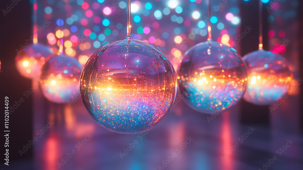 Obraz premium Floating abstract glass orbs reflect their surroundings vividly, bending light from a glowing sunset into surreal patterns and creating rainbow glows.