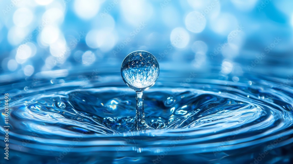 Water droplet splash captured in motion with a vibrant blue background Water droplet splash captured in motion with a vibrant blue background