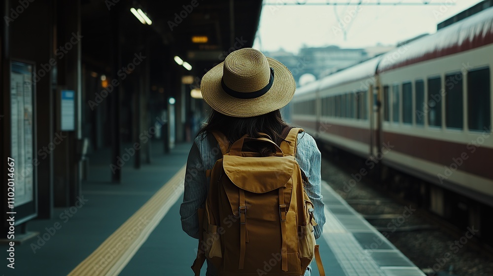 A traveler waits at a train station, ready for adventure with a backpack. A traveler waits at a train station, ready for adventure with a backpack.
