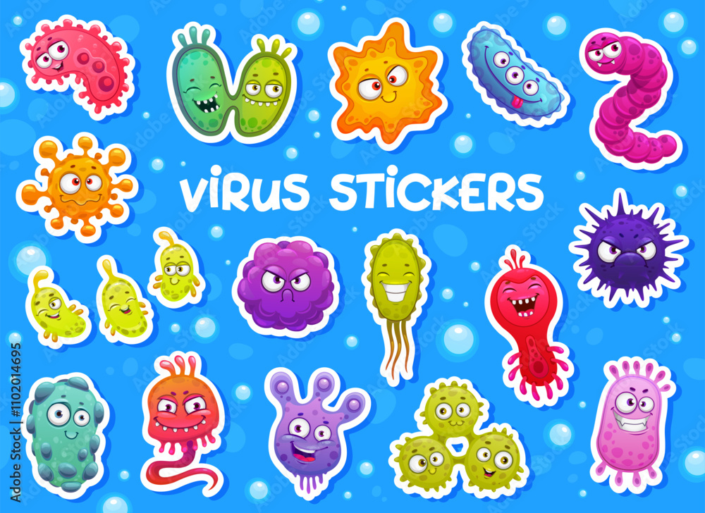 Cartoon virus characters, bacteria and germ stickers. Cute monsters of virus cells, microbes and bacterium vector personages. Stickers pack of funny microorganism or happy infection disease pathogens Cartoon virus characters, bacteria and germ stickers. Cute monsters of virus cells, microbes and bacterium vector personages. Stickers pack of funny microorganism or happy infection disease pathogens