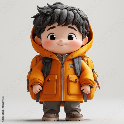 Adventure Awaits: A cheerful 3D cartoon boy, ready for an exciting journey, equipped with a backpack and a bright yellow jacket.