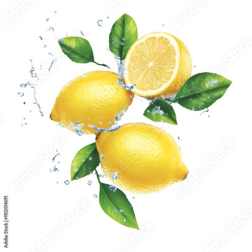 Falling lemon on water splash isolated on transparent and white background. PNG cutout. falling lemon, lemon splash, water splash, citrus fruit, transparent background, white background, fresh lemon,
