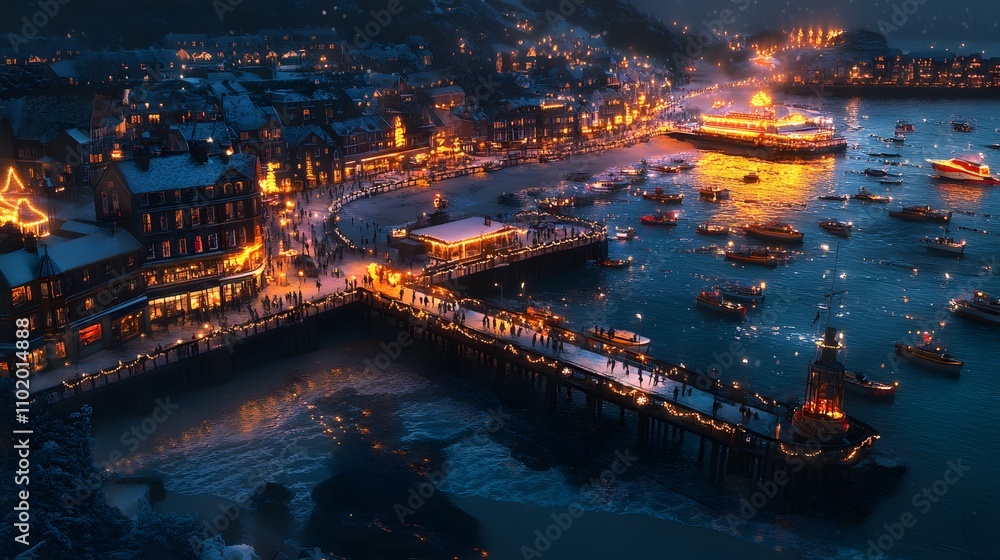 Fototapeta premium A bird's-eye view of a serene coastal town, where the pier and boats are decorated with glowing holiday lights against the backdrop of a frosty sea.