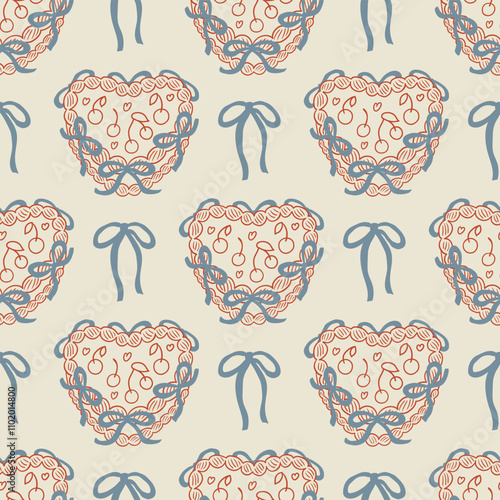 Vintage seamless pattern with outline heart shaped cakes with red ribbons. Vector background in retro coquette aesthetic