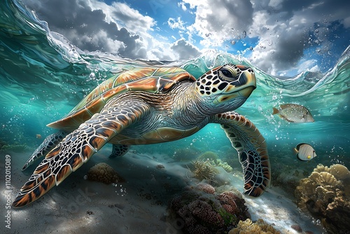 Underwater adventure sea turtle swimming in ocean marine life photography natural environment dynamic perspective photo