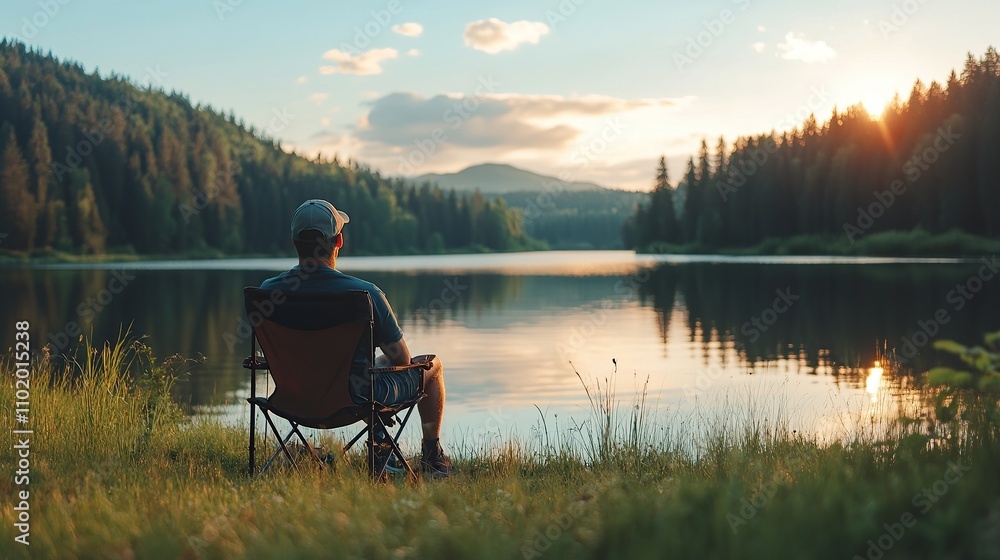 A person relaxing by a tranquil lake during sunset. A person relaxing by a tranquil lake during sunset.