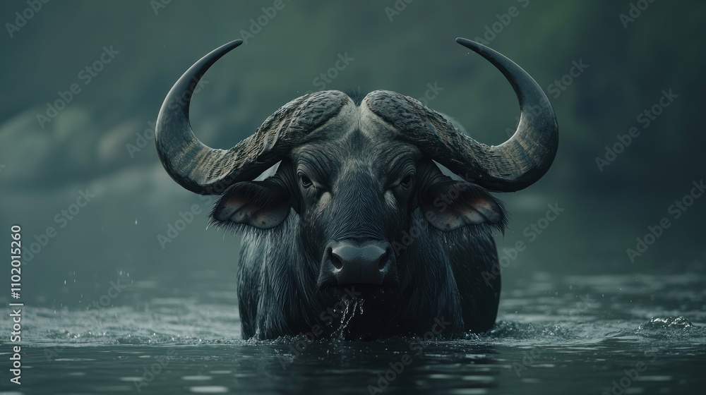 Naklejka premium A water buffalo wades through a misty, serene landscape.