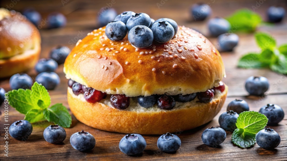 Close-up of a blueberry stuffed bun with fresh blueberries , bakery, dessert, sweet, food, pastry, delicious, breakfast, snack Close-up of a blueberry stuffed bun with fresh blueberries , bakery, dessert, sweet, food, pastry, delicious, breakfast, snack