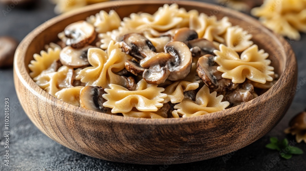 Delicious Pasta with Mushrooms in Wooden Bowl Delicious Pasta with Mushrooms in Wooden Bowl
