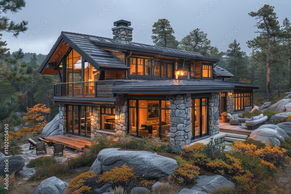 Obraz premium 3d rendering of modern cozy chalet with pool and parking for sale or rent. Beautiful forest mountains on background. Massive timber beams columns. Clear summer night with golden sunlight